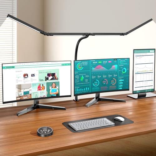 Image of Pzloz Led Desk Lamps for Home Office - Eye Caring Architect Lamp with Clamp, Double Head Computer Monitor Work Desk Light with Remote Control: 24W Flexible Dimmable Desktop Table Lamp