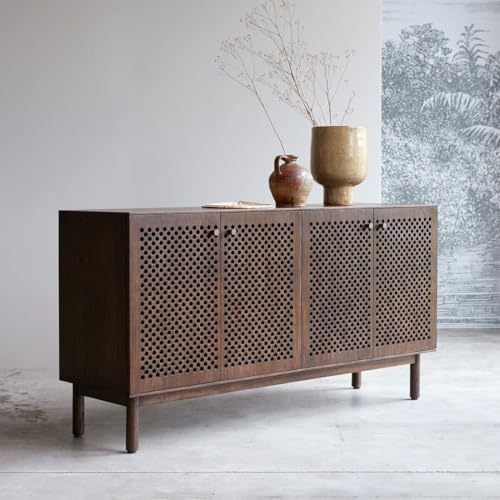 Image of PAPA JET Mid-Century Modern Sideboard Cabinet with Perforated Doors, Walnut Wood Finish, Storage Buffet with Shelves