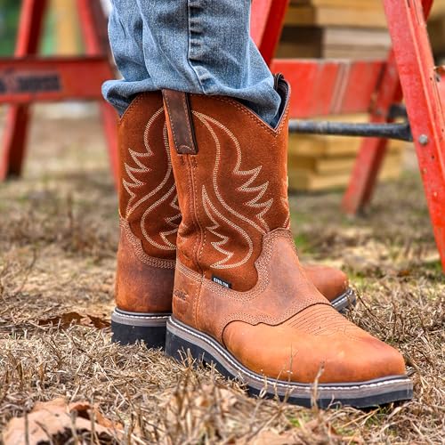 Image of Showave Steel Toe Cowboy Boots for Men Western Square Toe Work Boot Full-grain Leather Safety Boots with Hazard Protection for Construction Manufacture Farming