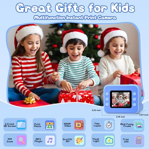 Hangrui Sofortbildkamera Kinder, 2,4 Zoll Kinderkamera Sofortbildkamera mit 32G Karte & Druckpapier, 1080P Kamera Kinder Sofortdruck mit Farbige Stifte, Geschenk für Kinders 3-12 Jahren-Blau
