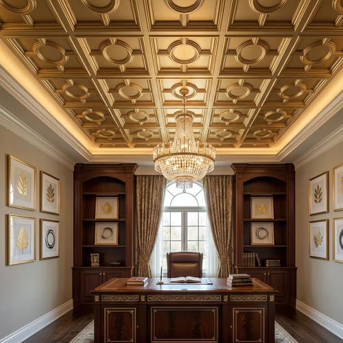 Image of Kayra Decor PVC Ceiling Panel 60x60 cm|Regal Medallion Panel|Champagne Gold|50 Tiles Cover 200 Sq Ft| Modern False Ceiling|Royal & Elegant Finish