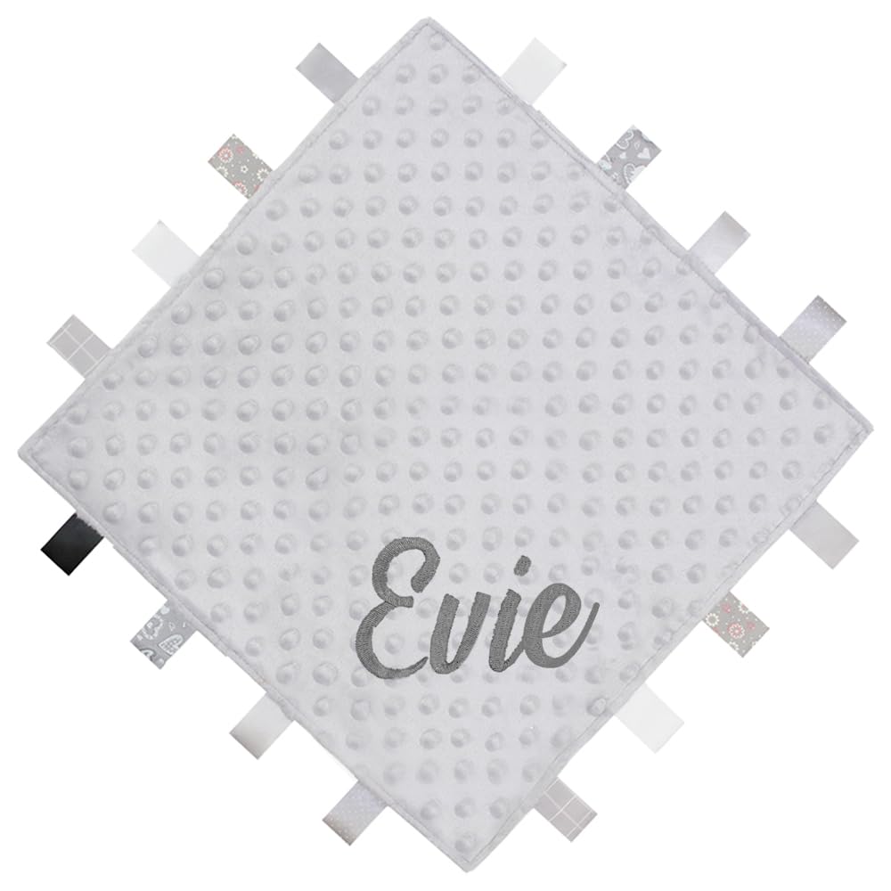 TeddyT's Personalised Baby Name Embroidered Ribbon Taggy Blanket Comforter in Blue, Pink, Grey or White with Satin Lining (Grey)