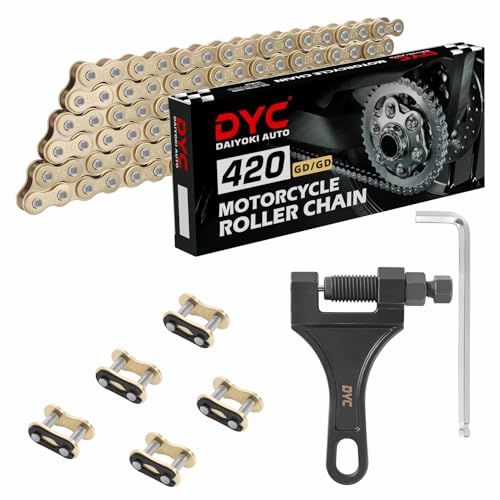 DYC 420 Motorcycle Chain 132 Links (Gold Plating) for 50 70 90 110 125 196 212cc Coleman SSR TaoTao Coolster Apollo Baja Kazuma Chinese ATV, 420 Chain for Mini Bike Dirt Bike Go Kart W/Chain Breaker