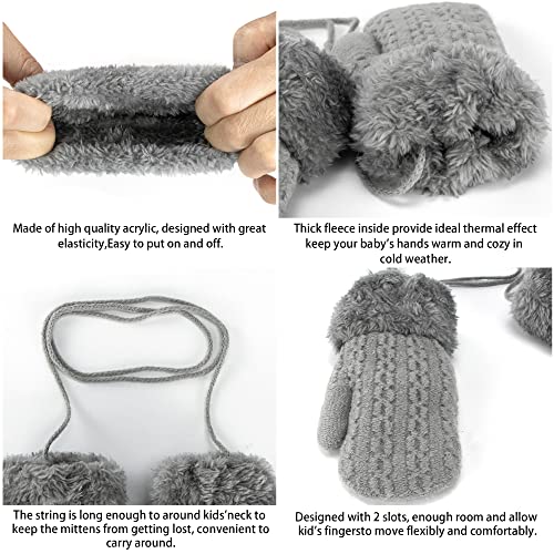 Toddlers Winter Thermal Knitted Mittens - Fleece Lined Warm Thicken Gloves with String for Boys Girls 1-4Yrs3