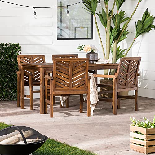 Walker Edison 4 Person Outdoor Wood Chevron Patio Furniture Dining Set Table Chairs All Weather Backyard Conversation Garden Poolside Balcony, 5 Piece, Dark Brown #TOP13