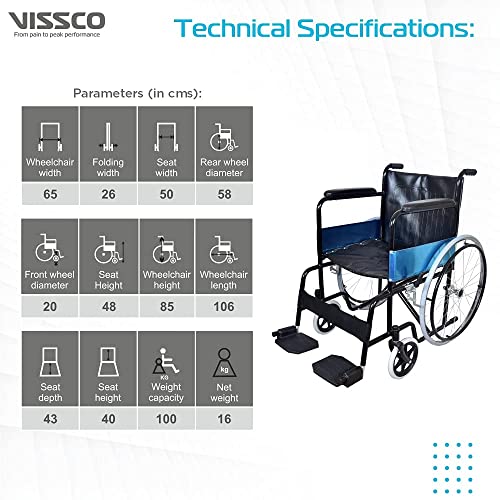 Image of Vissco Rodeo Plus Wheelchair with Spoke Wheels, Foldable, Fixed Handle and Swingable Footrest, for Elderly and Patients, Weight Capacity 110kg, Durable and Travel-Friendly (Black)