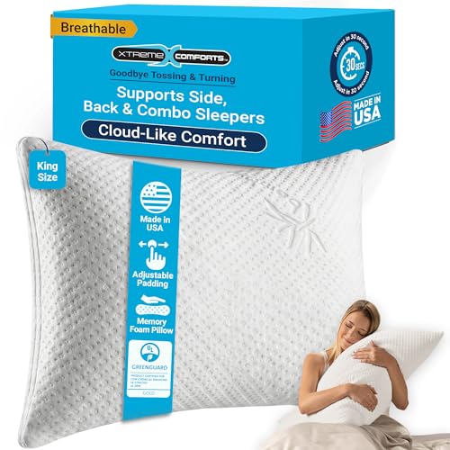 Xtreme Comforts Pillows for Sleeping - Adjustable King Memory Foam Pillow for Side, Back & Stomach Sleepers w/Removable Cooling Zipper Cover - Made in The USA