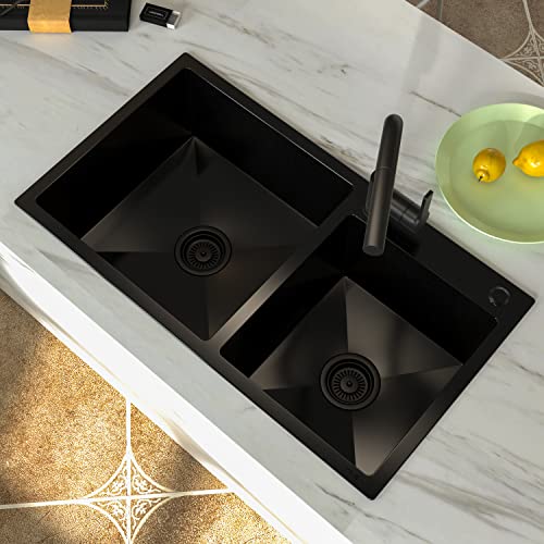 Lifezcime 30.7*16.9*8.5"Drop In Black Kitchen Sink, Undermount 60/40 Double Bowls,11 Gauge 304 Stainless Steel Top Mount Kitchen Sink Basin Withbasket Strainer, Tight Radius Brushed, 1 Faucet Hole #TOP29
