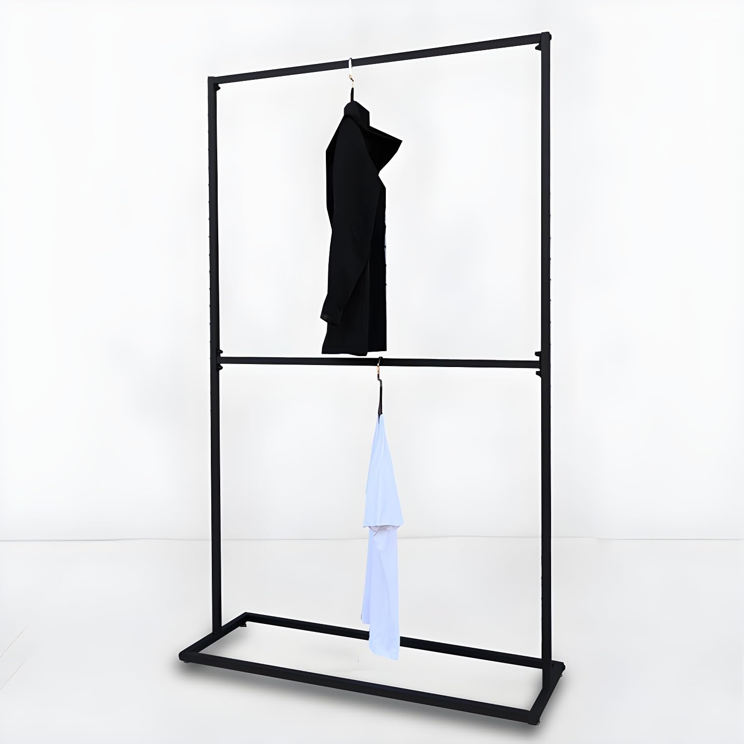 Árbol de pasillo de metal negro contemporáneo con barra doble para ropa, perchero de pie y soporte para ropa para entrada, 47 pulgadas de largo x 16 pulgadas de ancho x 79 pulgadas de alto, elegante