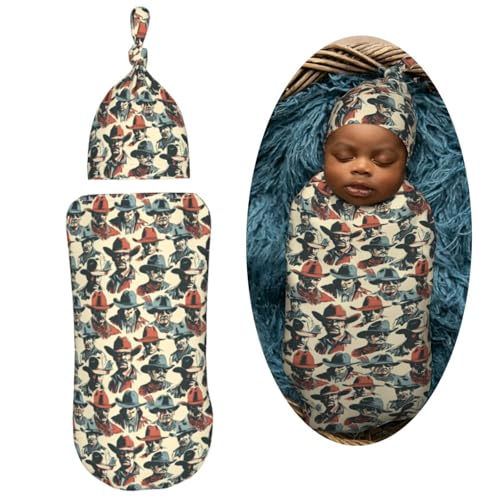 Image of Western Cowboys Wearing Sunglasses Newborn Swaddle Blankets Hat Sets Soft Baby Receiving Blanket Swaddle Sack for Baby Shower Infant Boy Girl Gift