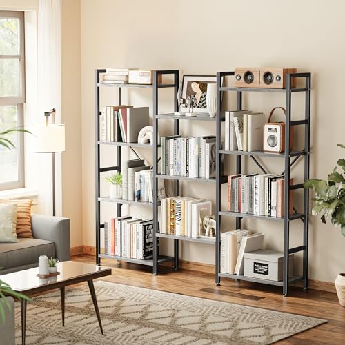 Image of SUPERJARE Triple Bookshelf, Bookcase with 11 Open Display Shelves, Wide Book Shelf Book Case for Home & Office, 4 Tier, Grey