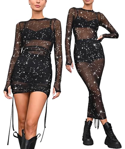 Womens Mesh Dress Ruched Glitter Long Sleeve Bodycon Sexy See Through Clubwear Rave Outfits