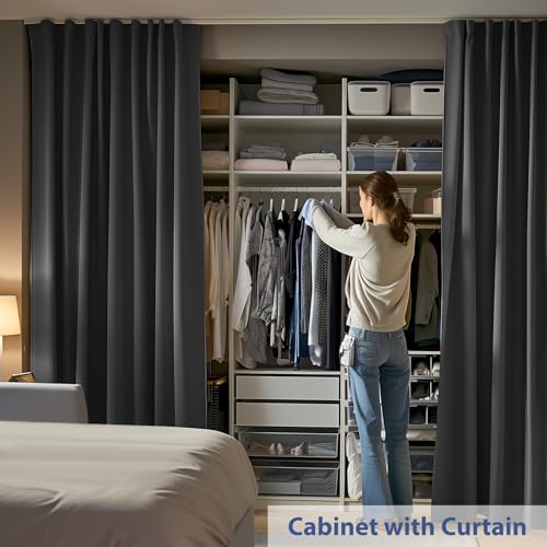 Image of Room Divider Ceiling Mounted Curtains Track Sets Extra Wide Blackout Curtain Flexible Tracks for Bedroom Privacy Partition Separator, 1 Panel Black Drape and White Rail, W8.3 x H9ft