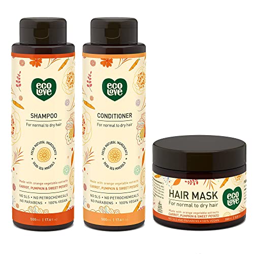 Ecolove Organic Vegan Shampoo, Conditioner & Hair Mask For Color Treated Hair with Carrot, Pumpkin & Sweet Potato Bundleâ€¦