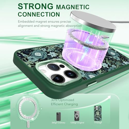 Image of Magnetic for iPhone 14 Pro Max Case with for Women, Green Flower | Pretty Floral Pattern Design [Compatible with MagSafe] Shockproof Slim Translucent Matte Non-Slip Protective Cover