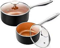 Vista 1 de MICHELANGELO Juego de cacerola de 1 cuarto + 2 cuartos de galón con tapa, sartén de cobre ultra antiadherente con tapa, olla pequeña con tapa