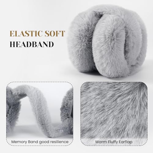 Premillow Ear muffs for Women Winter, Faux Fur Earmuffs, Cute Foldable Fluffy Ear Warmers Winter Accessories, Soft Warm Cold Weather Ears Covers for Women Men, Grey