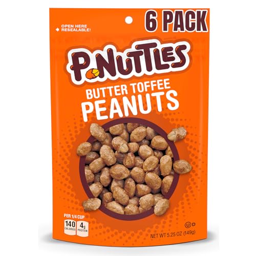 P-Nuttles Butter Toffee Covered Peanuts, 5.25 Oz Resealable Bag (Pack of 6) - Sweet & Salty Candied Peanuts Snacks - Perfect for Parties, Travel & Gatherings - Kosher Certified Crunchy Gourmet Snacks