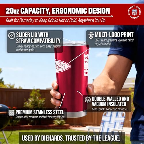 Image of Kansas City Chiefs NFL 20oz Stainless Steel Insulated Tumbler, Slider Lid | Officially licensed Chiefs drinkware; double-wall vacuum construction; cupholder compatible; BPA-free; hand wash only
