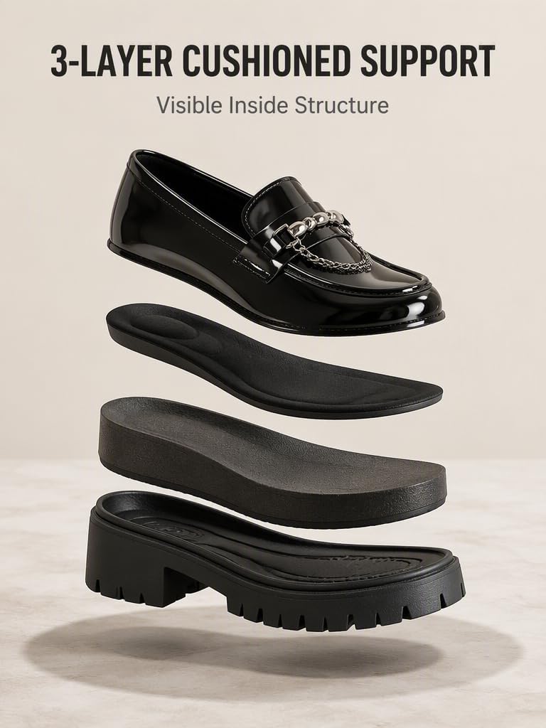 Platform Loafers for Women, Retro Women Chunky Loafers, Chunky-Sole Slip-On Casual Shoes with Soft Cushioned Insole, Comfortable Non-Tiring Loafers, Classic Retro Footwear for Work, School, Shopping & Daily Casual Wear