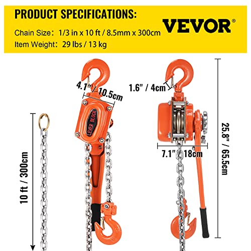 Vevor Lever Chain Hoist, 1.5Ton 3300Lbs Capacity Ratchet Puller With 10Ft Max. Lifting Height, Come Along 2 Heavy Duty Steel Hooks, Manual Handling Tool For Cargo Moving In Construction, Warehouse #TOP6