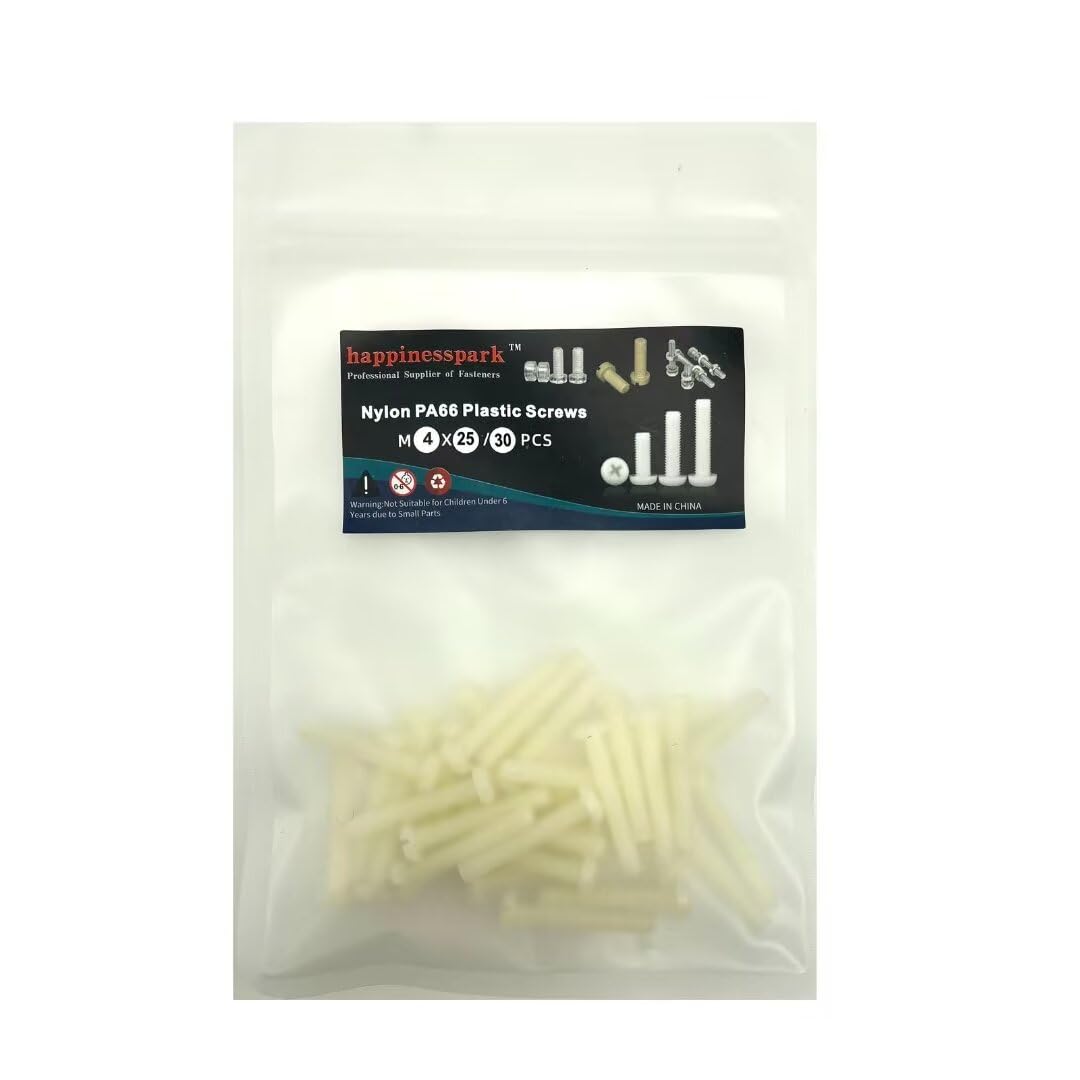 happinesspark Nylon PA66 Plastic White Color Metric Phillips Pan Head Screws M4X25 30PCS