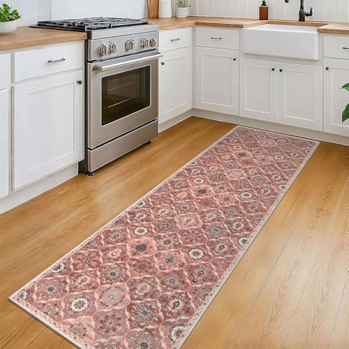 KILOCOCO 2x6 Runner Rug, Moroccan Super Soft Washable Hallway Entryway Runner Rug, Accent Print Faux Wool Kitchen Runner Rug 6 Feet Non-Slip Boho Rug Runner for Bedroom, Beige Terracotta