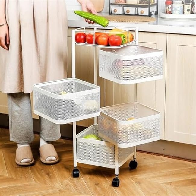 Multi-Layer Rotating Vegetable Storage Rack, Floor-Standing Household Cart for Kitchen, Bathroom & Bedroom ¨C White, Space-Saving Design-TMVi3OYd
