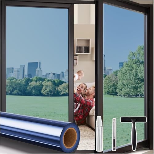 Image of Coavas One Way Privacy Window Film with 3 Tools, Reflective Window Tint for Home, Daytime Privacy See Out Not in, Heat Control & UV Blocking Adhesive Covering for Bedroom Office,23.6 x 393.7Inch,Blue