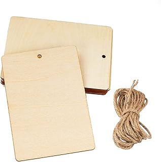 20Pcs Unfinished Wooden Tags Wood Pieces Rectangle Blank Tags with Hole and Twine for Craft Projects, Hanging Decorations, Wine Bottles, Painting, Gift Tag (4.72 x 3.34 in)