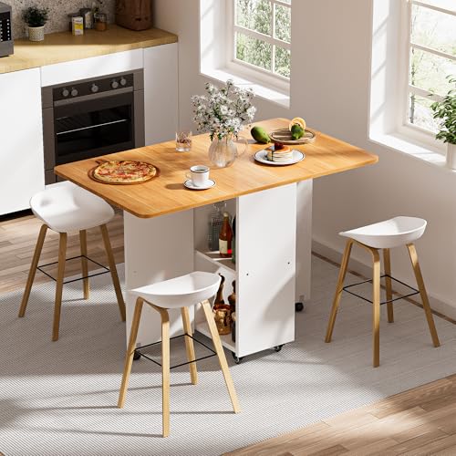 Ztexkee Mobiler Klapptisch Klappbarer Esstisch auf Rädern Klapptisch mit 1 großen Schrank und 1 offenen Fach Mobiler Esstisch für kleine Räume Esszimmer Küche 120 x 70 x 78 cm Orange und Weiß
