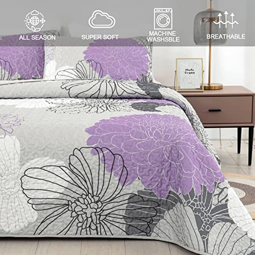 Purple Floral Pattern Quilt Set King Size Grey Boho Bedspread 3 Pieces Coverlet Soft Lightweight Bed Cover With 2 Pillow Shams For All Season 90"X104" #TOP4