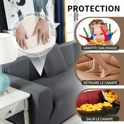 Housse de canapé 5 places extensible gris jacquard pour animaux - 6