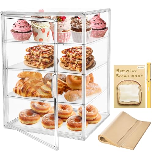 Pastry Display Case,Large Bakery Cookie Display Stand for Kitchen Countertop,4 Layers Adjustable Clear Bread Storage with Magnetic Door Bread Box and Cupcake Kitchen Counter 15.5x11.4x9.8 Inch