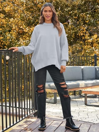 Image of LILLUSORY Women's Oversized Batwing Sweaters 2026 Fall Outfits Trendy Crewneck Knit Side Slit Fashion Pullover Tops