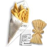 60 teiliges Set fettfeste Pommes Tüten im Zeitungsstil mit Bambus Spieß Paddelspießen ideal für Fingerfood Streetfood Imbiss Snacks Catering Partys Zeitungstüte Einwegverpackung aus Papier und Holz