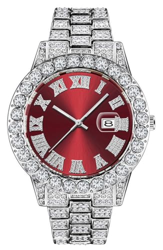 SENRUD Unisex Watch Fashion Crystal Diamond Watch Mens Womens Quartz Analog Watch Stainless Steel Big Face Wrist Watch, Silver red, Modern