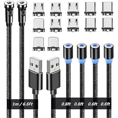 Raosky Magnetic Charging Cables, Magnetic Charging Tips 3in1 540° Rotation Cable Sets for Smartphones (0.6ft+6.6ft)/Black/3in1, 6pcs Cover
