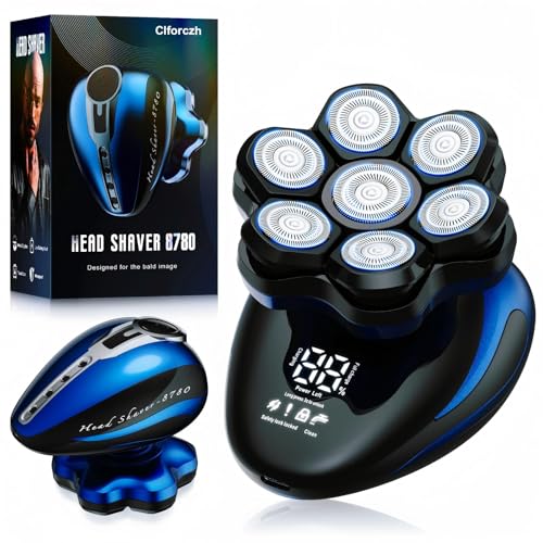 Clforczh Head Shavers for Bald Men: 7D Detachable Electric Razor - IPX6 Waterproof Wet Dry Rotary Shavers - LED Display Rechargeable Head Shaving with Fast Charging, Deep Blue
