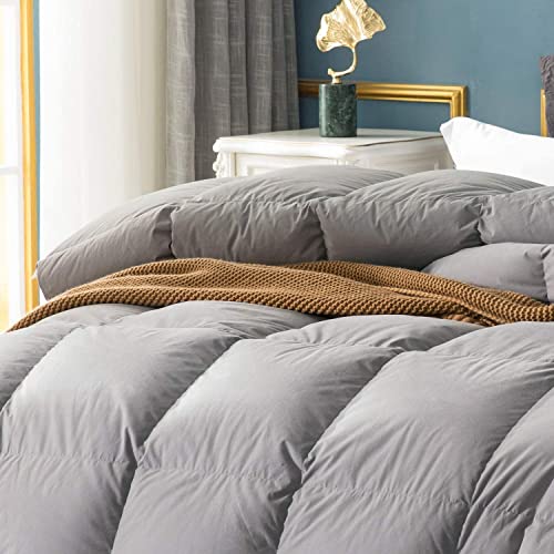Globon Fusion White Goose Down Comforter Cal King Size 66.6Oz Fill Weight, 650 Fill Power, Upgraded 100% Cotton Shell With Corner Tabs, Heavy Weight For Winter, Grey #TOP2
