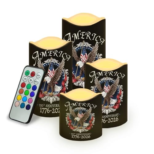 Image of Bald Eagle 250th Anniversary Flameless Candles American Flag LED Candle Battery Operated with Remote Timer Patriotic Flickering Candle for Independence Day Home Outdoor Decor, 4 Pack