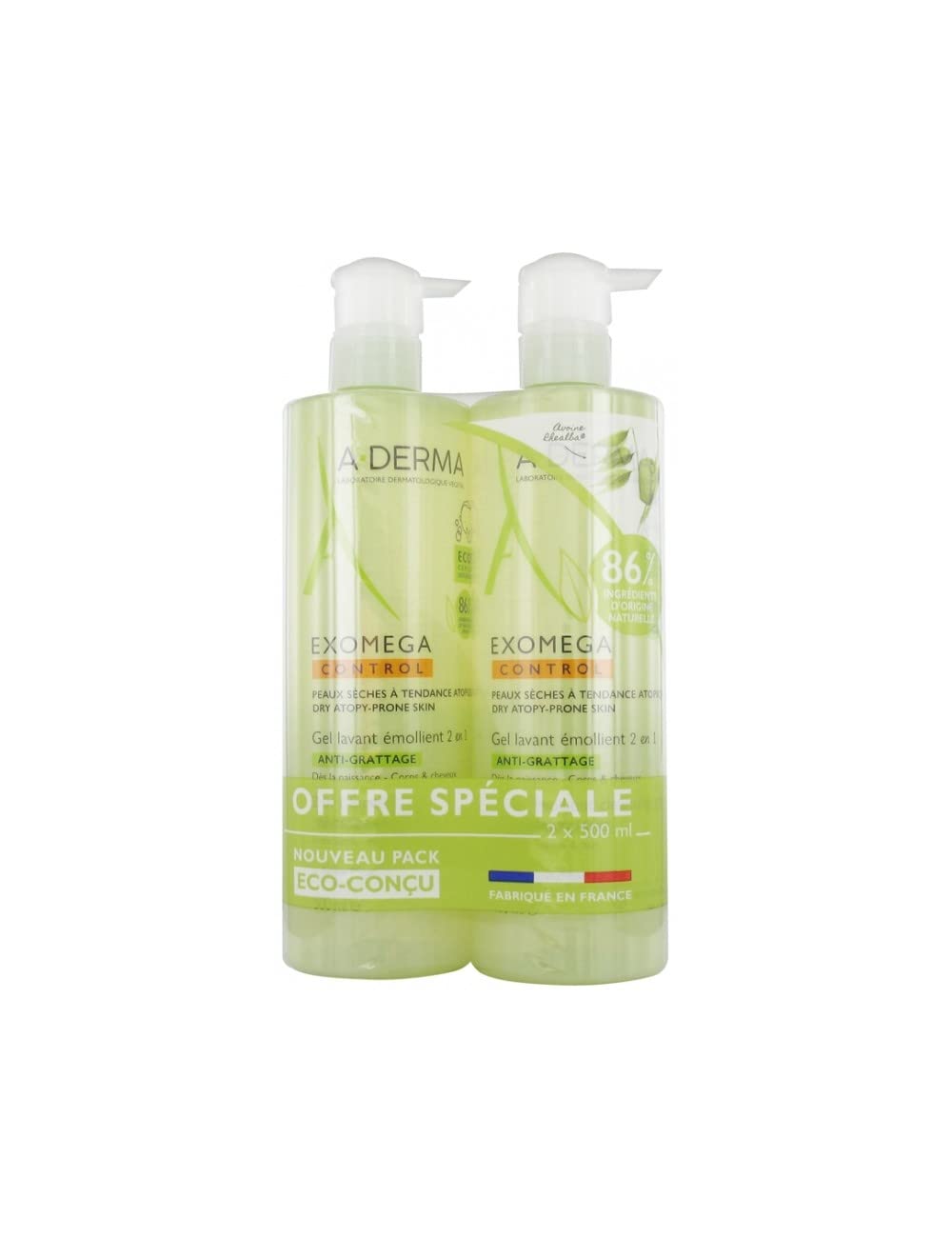 A-DERMA Exomega Control Antiarañazos 2 en 1 Gel Limpiador Emoliente 2 x 500 ml