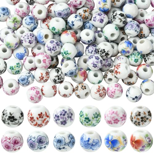 SUNNYCLUE 1 caja de 120 cuentas de Porcelana de 12 colores, Cuentas Redondas de Cerámica de 10.5mm con Estampado de Flores Coloridas, Espaciadores de Cerámica China para Hacer Joyas, Collares, Pulsera