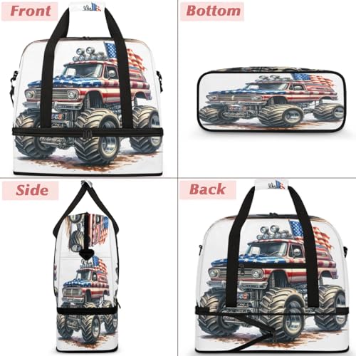 Truck American Flag Travel Duffel Bags for Women & Men Large Sports Gym Bags Foldie Weekender Overnight Bag Carry On Tote Bag With Shoe Compartment Personal Item Luggage for Travel Sports Gym3