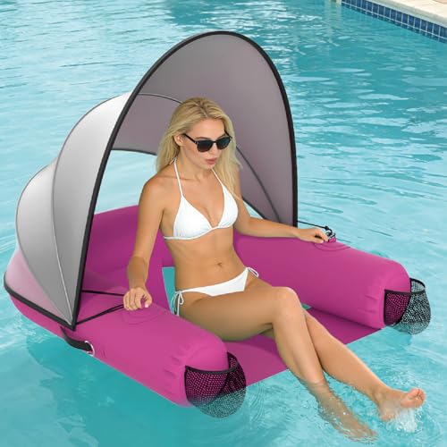 Image of Adult Inflatable Pool Floats | UPF50+ & Rain Canopy | 2 Large Drink Holders| Deepened Seat | Inflatable Lounger Float for Swimming Pool /Beach /Lake /Party | Pink