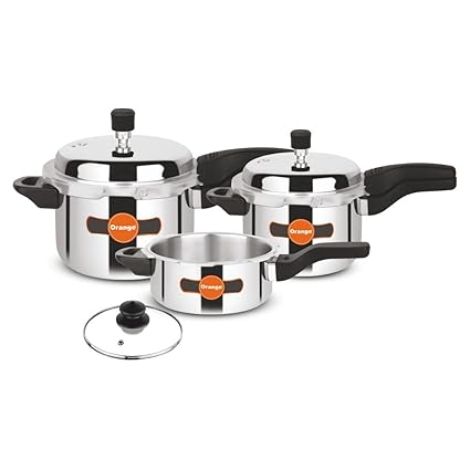 Orange Triply Stainless Steel Outer Lid Pressure Cooker Combo Set Of 3 With Glass Lid,2liter, 3liter & 5liter | Induction Friendly | 5 Year Warranty | Silver(O-Triply Combo 3Pc)