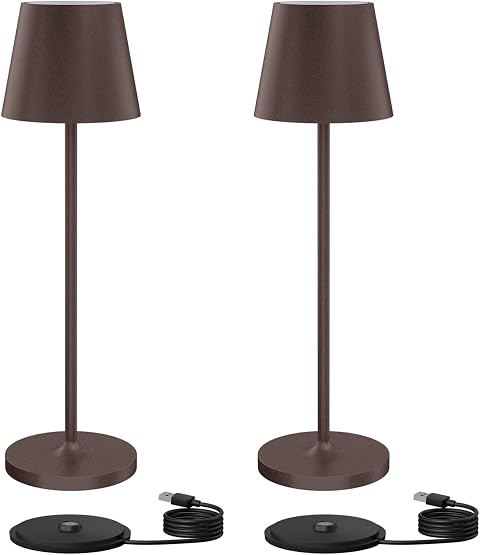 Klighten 2 Pezzi LED Lampada Dimmerabile da tavolo senza fil, Ricaricabile Lampada da Scrivania Interni/Esterni in Alluminio con Base di Ricarica Contatt, Colore Ruggine, Luce calda 3000K, IP54