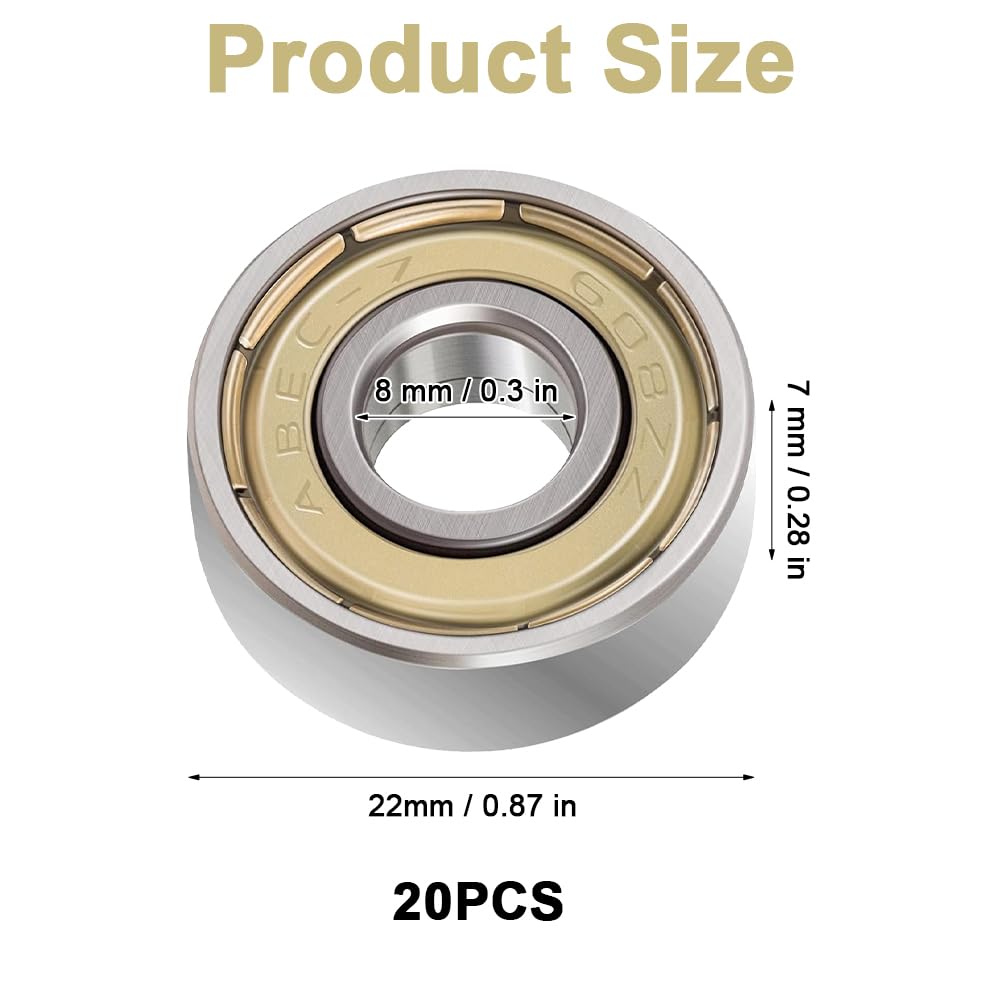 20 sztuk łożysk kulkowych 608zz 8 x 22 x 7 mm, metalowe łożyska kulkowe 608, podwójnie ekranowane łożyska kulkowe, deskorolka Deep Groove Ball Bearings, promieniowe łożyska kulkowe zwykłe, miniaturowe