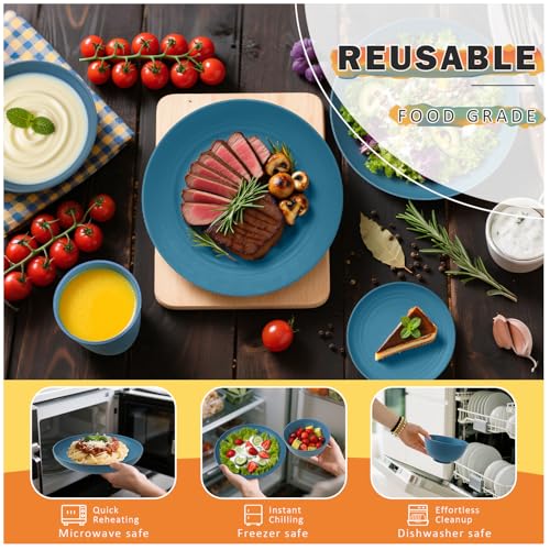Image of Wheat Straw Dinnerware Sets, 32 PCS Dishes Set for 8, Unbreakable Lightweight Reusable Plates and Bowls Sets for Kitchen Outdoors RV Camping Patio, Dishwasher & Microwave Safe - Blue