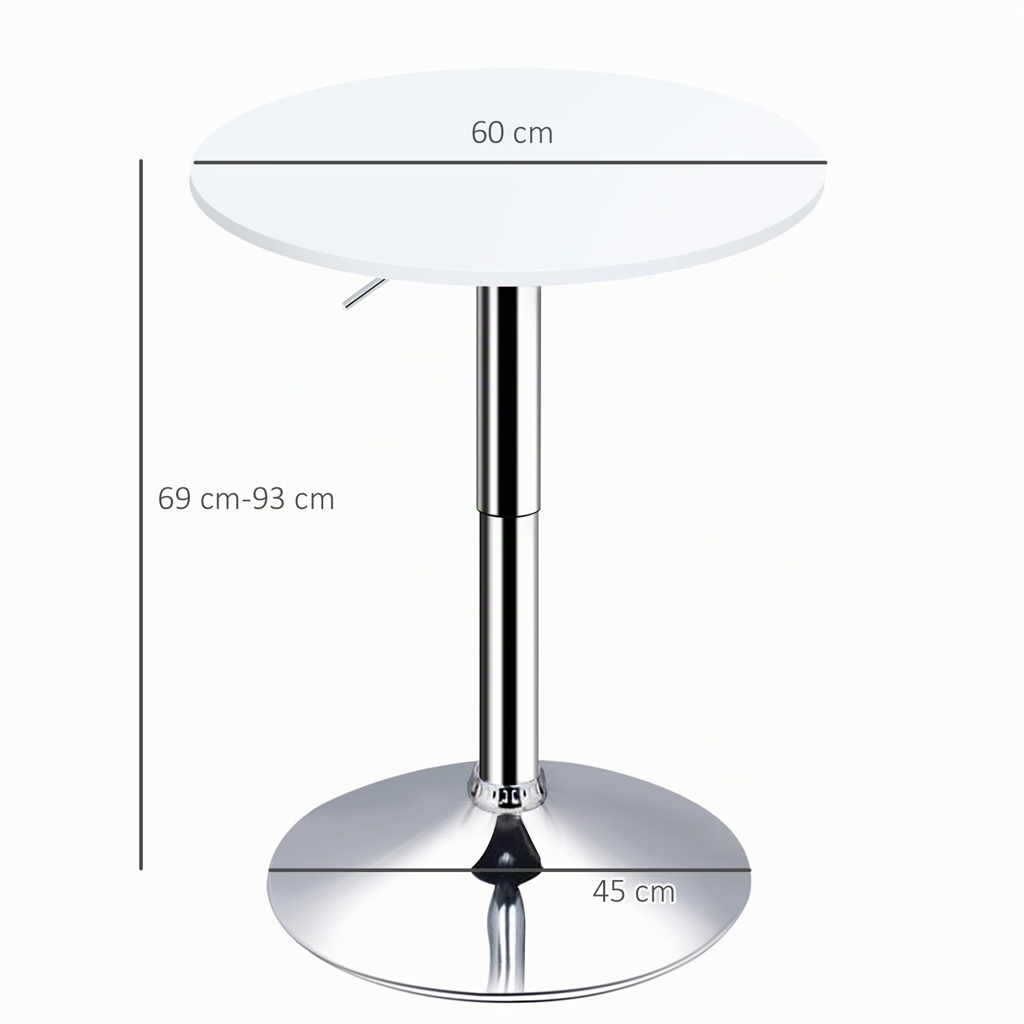 HOMCOM Table de Bar Ronde Mange-Debout Hauteur Réglable 69-93 cm Blanc | Table de Bistro Haute, Base en Métal, Plateau Pivotant en Bois